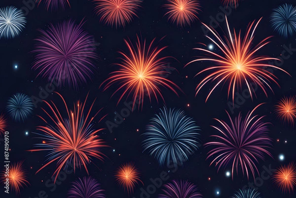 Fototapeta Explosions of light ignite the night sky in this breathtaking firework display. Streaks of vibrant color dance and swirl against the inky black canvas, creating a mesmerizing spectacle. 