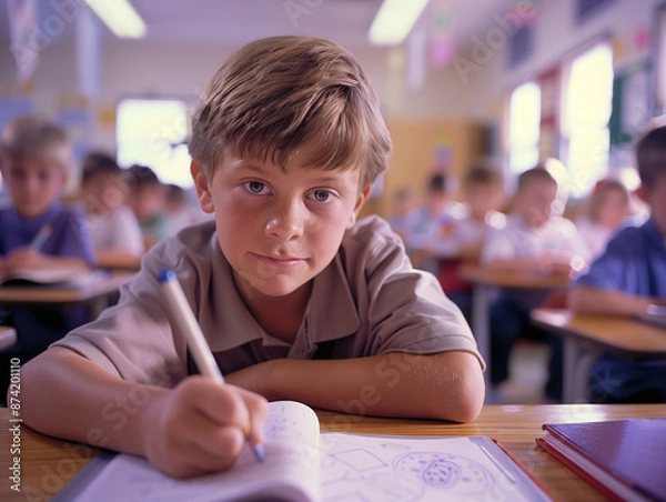 Fototapeta smiling little kid doodling with a pen and paper, drawing and writing on a white page in a school, colourful, coloring a page