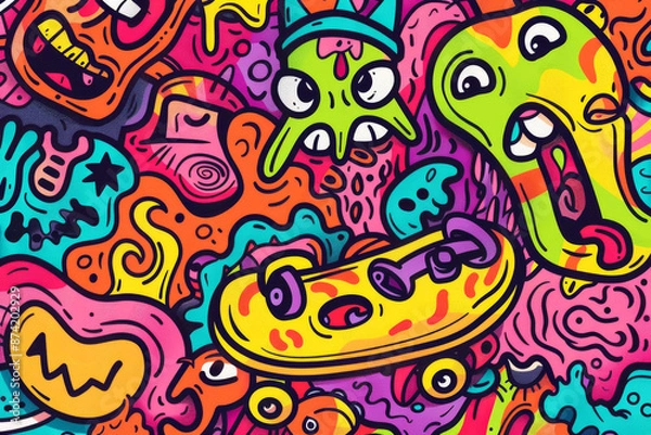 Fototapeta Skateboard Doodles.   Generated image.  A digital illustration of a collection of skateboard items in a doodle art style.