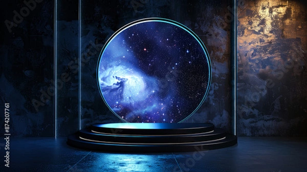 Fototapeta 3D rendering empty podium with sky inside circle on pink  background