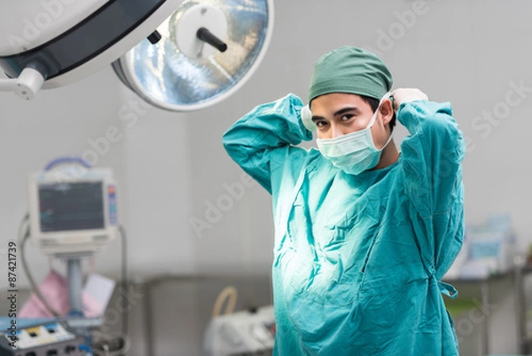 Obraz Male surgeon tying mask at operating room