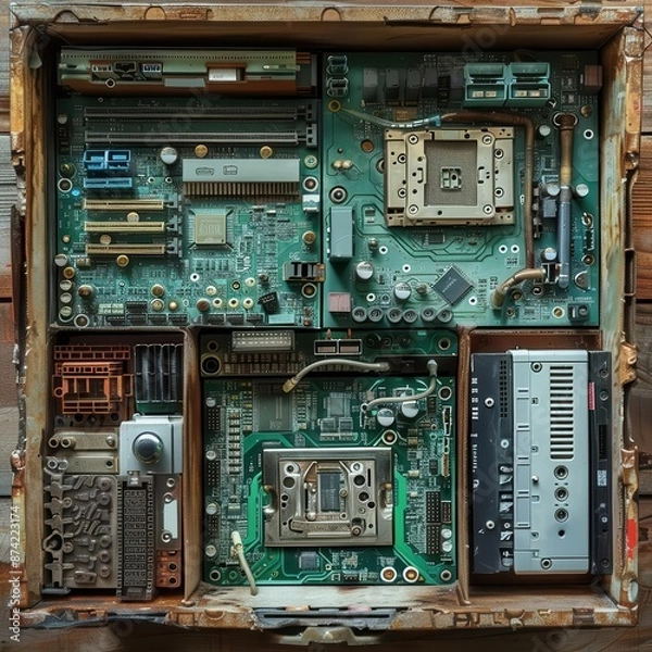 Fototapeta Recycling old computer parts into new hardware components, promoting resource sustainability and eco-friendly practices in technology.