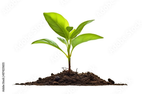 Fototapeta A young plant growing in soil, isolated on a white background