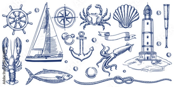 Fototapeta Nautical vintage icons set. Vector hand drawn monochrome sketch illustration of lighthouse, ship, anchor, sea animals. Marine design elements isolated on white background