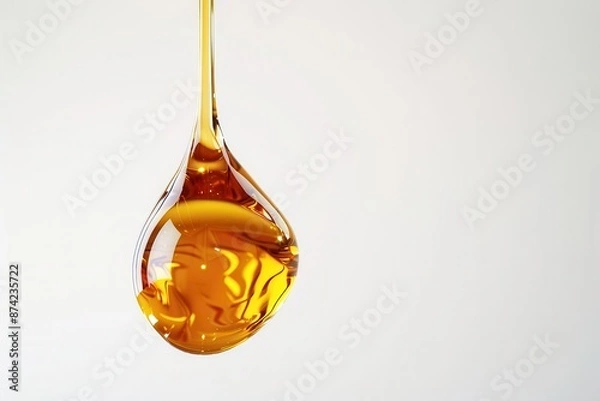 Fototapeta glistening amber droplet suspended in midair refracting light and casting intricate shadows crisp white background emphasizes the liquids rich golden hue