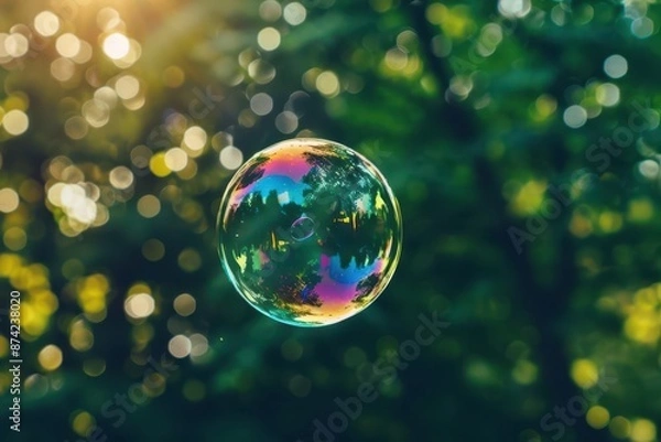Fototapeta iridescent soap bubble floating in midair reflecting rainbow colors and capturing a moment of delicate beauty