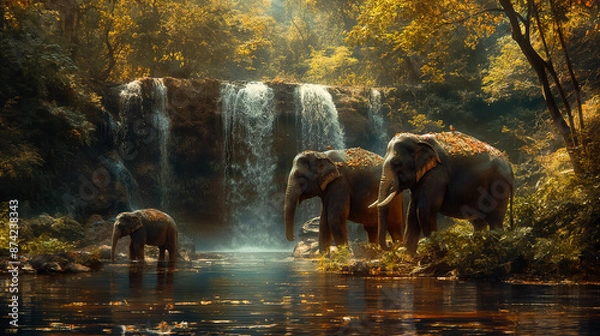 Fototapeta The elephants and their baby are in the forest near a waterfall in Thailand. Nice view. Generative AI Illustrations.