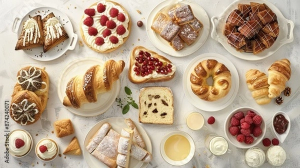 Fototapeta Realistic photography, top view of a clean surface which has traditional bakery items on it