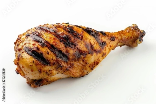 Obraz perfectly grilled chicken leg with crispy goldenbrown skin isolated on pure white background showcasing appetizing texture and color