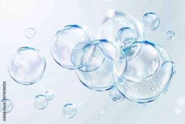 Fototapeta 3d Realistic transparent soap bubbles, vector illustration with well-defined outlines and white background