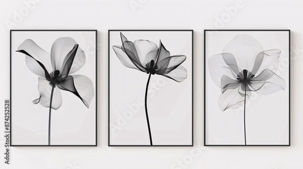 Fototapeta A trio of minimalist art posters with a seamless continuous line art flower, displayed on a white background for a refined and elegant look