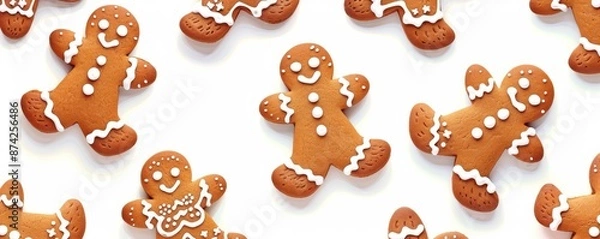 Fototapeta A row of gingerbread men are smiling and standing in a row.