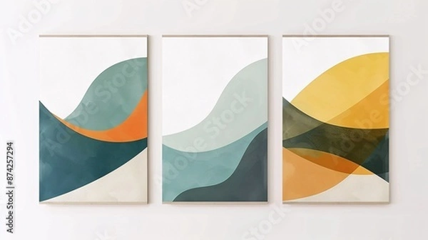 Fototapeta Three abstract art posters featuring a continuous minimalistic image, each piece aligned on a white background for a unified and stylish decor