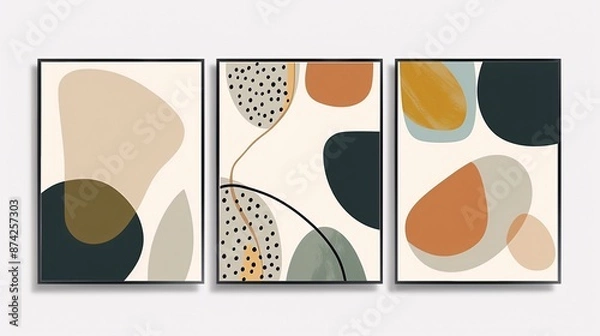 Fototapeta A set of three interconnected abstract posters with a continuous minimalistic image, displayed on a clean white background for a sleek and refined decor