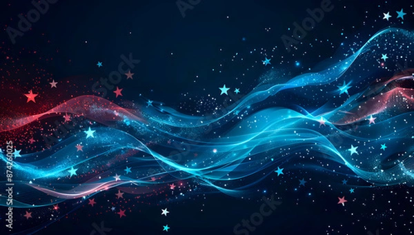 Fototapeta Vibrant abstract background featuring dynamic red and blue waves with glowing stars, creating a sense of energy and movement. Perfect for themes of celebration, patriotism, and festivity. Ai Image.