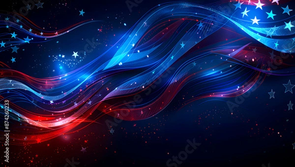 Fototapeta Vibrant abstract background featuring dynamic red and blue waves with glowing stars, creating a sense of energy and movement. Perfect for themes of celebration, patriotism, and festivity. Ai Image.