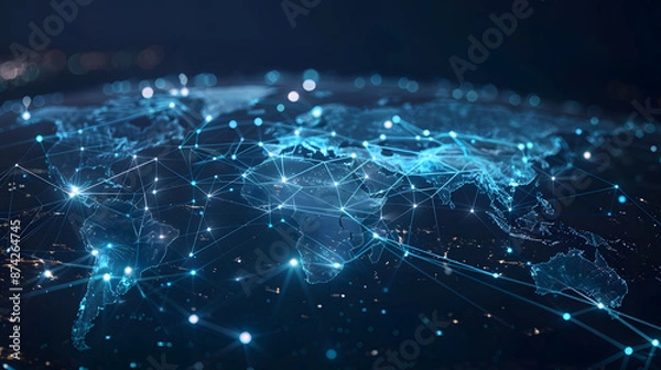 Fototapeta Global communication interconnection, with bouncing light rays connecting different regions on the Earth's sphere, communication concept,