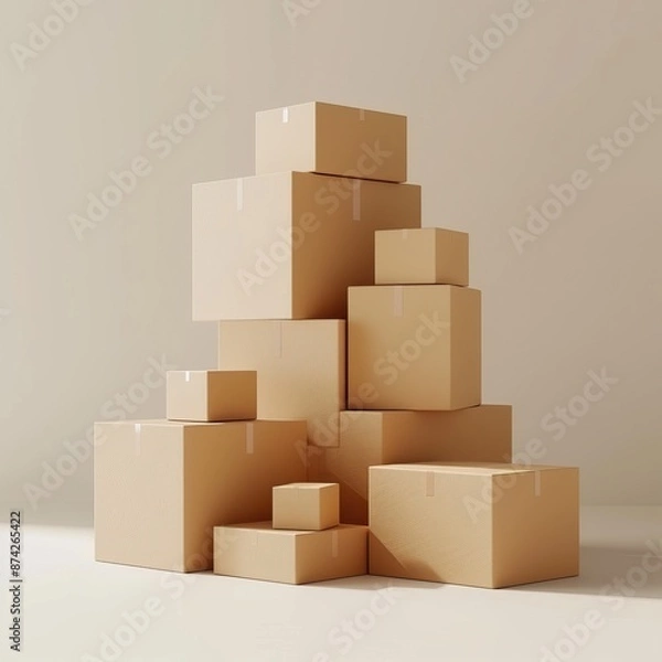 Fototapeta Stack of cardboard boxes on a white background, perfect for moving, shipping, and packaging concepts. Minimalist and clean design.