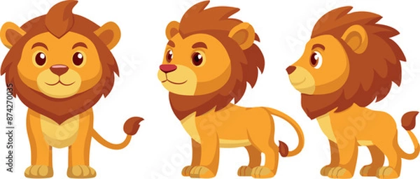 Fototapeta Three cartoon lion characters are shown in different poses
