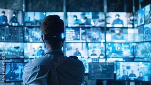 Fototapeta An image of a security guard monitoring holographic CCTV feeds, highlighting the use of holograms for enhanced surveillance