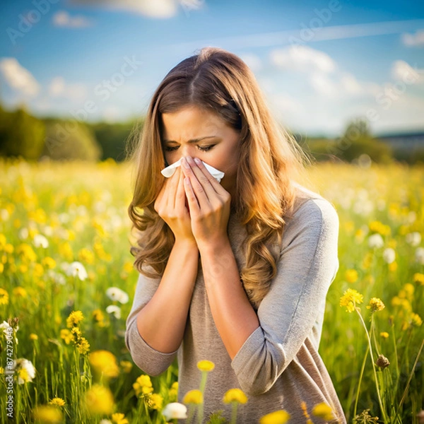 Fototapeta Woman suffering from allergies in a blooming field, holding a tissue and sneezing