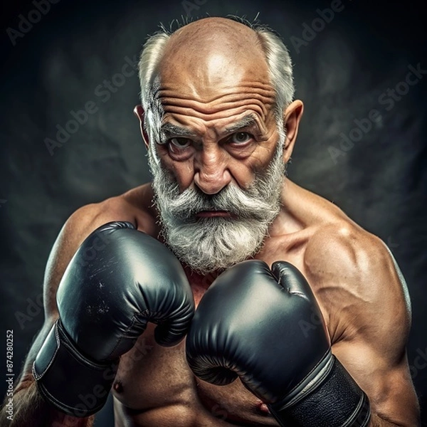 Obraz A muscular older man with boxing gloves in a fighting stance, face obscured for privacy