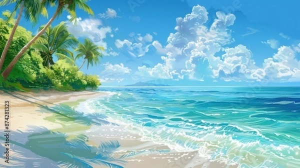 Fototapeta Design a picturesque beach scene with clear blue waters and palm trees. 