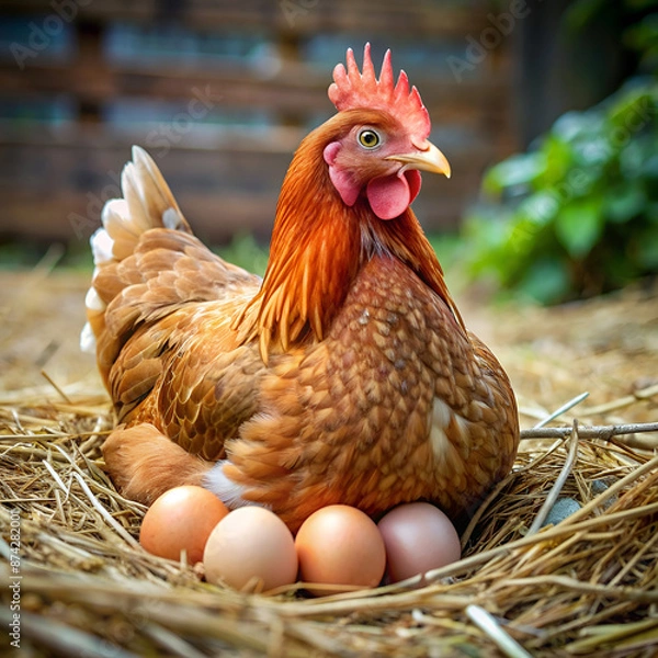 Obraz Hen sitting on a nest with eggs in a farm setting