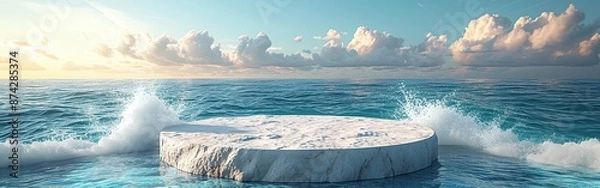 Fototapeta A podium for product advertising, a stone round podium on the background of water, ocean with splashes of waves and water