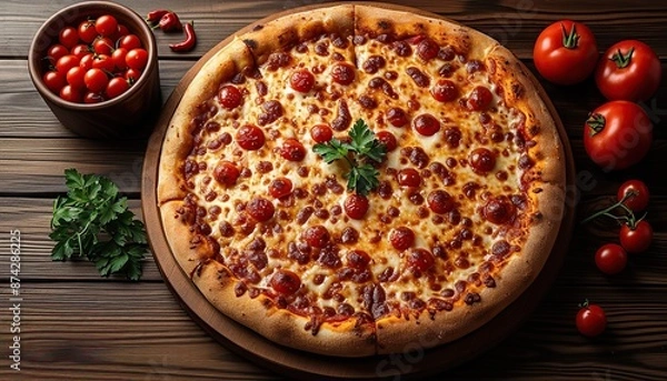 Fototapeta Round mouth-watering hot pizza view from the top