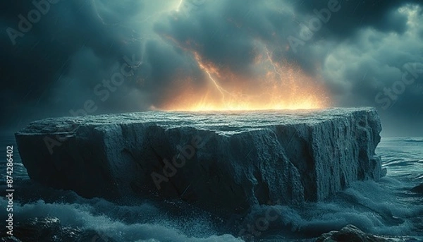 Fototapeta Stone round podium on the background of water with the setting sun, ocean with splashes of waves and water