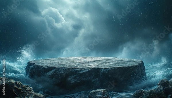 Fototapeta A podium for product advertising, a stone round podium on the background of water, ocean with splashes of waves and water