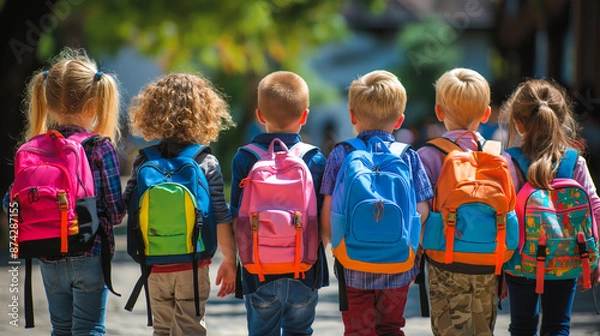 Fototapeta a group of excited children walking to school on their first day back, carrying colorful backpacks. concept back to school. Generative ai illustration.