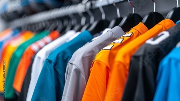 Obraz Assortment of team sports uniforms and jerseys in various colors and styles, hanging on a rack with sports equipment visible in the background