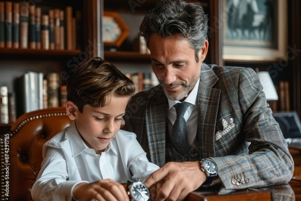 Fototapeta A wealthy father in a tailored suit presenting a luxury watch to his son in a beautifully decorated study