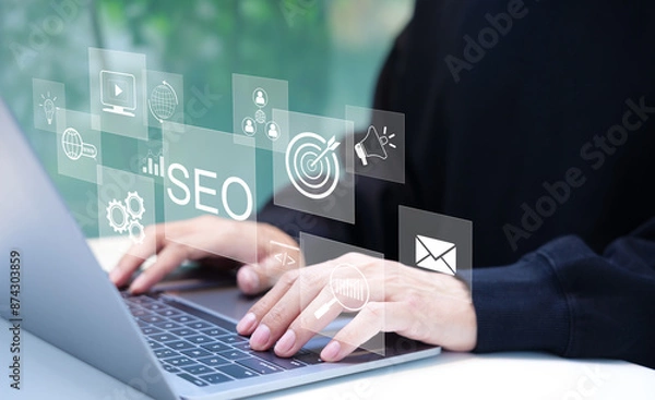 Fototapeta SEO Search Engine Optimization. A man using a laptop with SEO and digital marketing icons, online marketing strategies, and technology. optimizing website to rank in search engines. traffic on web,