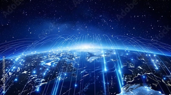 Fototapeta Glowing Global Digital Network and Technological Advancement Backdrop