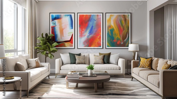 Fototapeta Contemporary living room showcasing a gallery wall with vibrant art, neutral-toned furniture, and a chic coffee table.