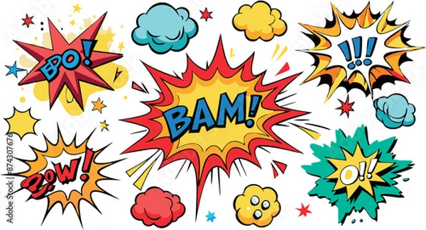 Fototapeta Comic-style explosion bubbles with dynamic expressions.