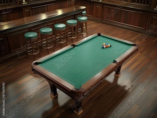 Fototapeta A Classic Game Room With a Pool Table and Bar Stools