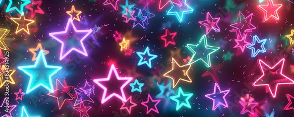 Obraz A neon background with a repeating pattern of glowing stars in neon pink, blue, and yellow, creating a lively and energetic visual.