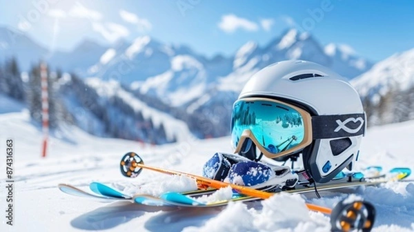Fototapeta Display of winter sports gear featuring colorful ski goggles, gloves, and helmets, arranged on fresh powdery snow with ski slopes in the background