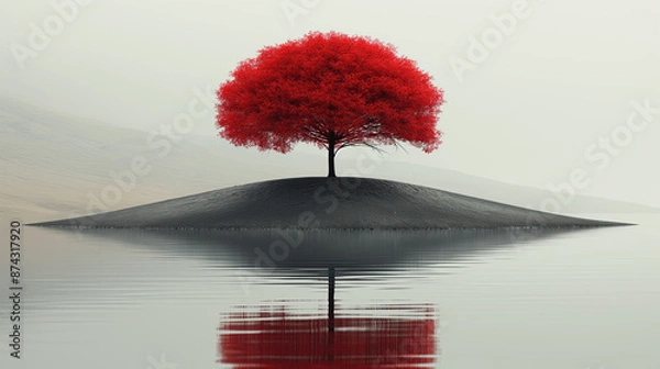 Fototapeta A red tree stands tall on a small island surrounded by water