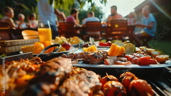 Fototapeta close view of table full of food at a backyard barbecue party, with blurred background of people sitting relaxing