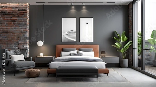 Fototapeta Modern luxury bedroom with an industrial design, featuring exposed brick walls, sleek furniture, and minimalist decor, creating a stylish and contemporary space. Copy space for text, sharp focus and