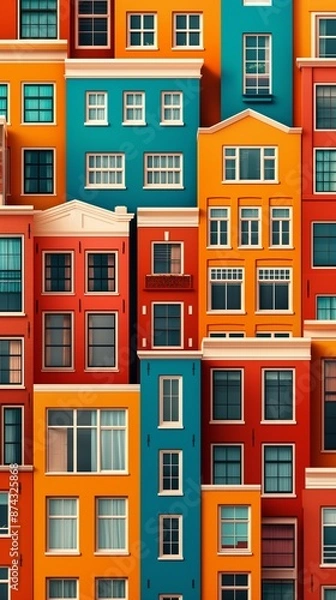 Fototapeta Vibrant and colorful close-up of an urban building facade showcasing multiple windows in various shades of orange, blue, and yellow.