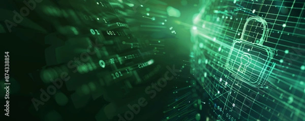Obraz Digital security theme with a padlock icon, data streams, and matrix code on a dark green background.