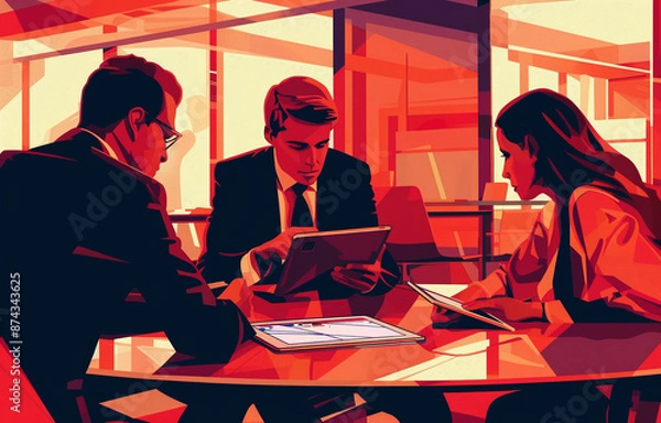 Fototapeta business people working with a tablet in the office, in the style of ultrafine detail, sharp lines