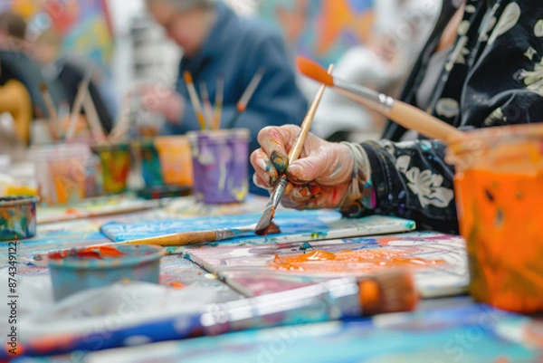 Fototapeta People expressing themselves doing art during an art therapy workshop, with paints, brushes, canvases. 