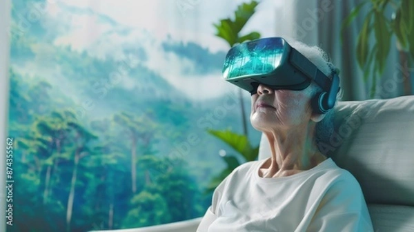Obraz A woman is sitting in a chair with a virtual reality headset on. The scene is set in a tropical environment with palm trees in the background